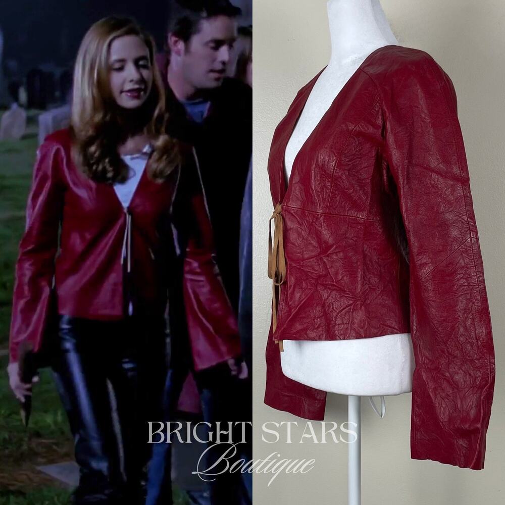 Rare Red Leather Jacket ASO Buffy the Vampire Slayer Tie Front Vintage Y2K - Picture 3 of 12